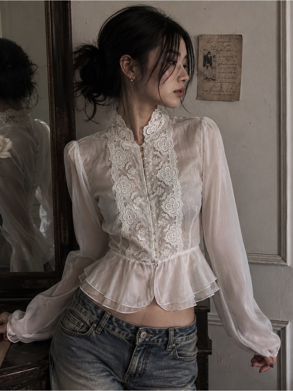 Vintage Style White Sheer Lace Victorian Blouse S/M